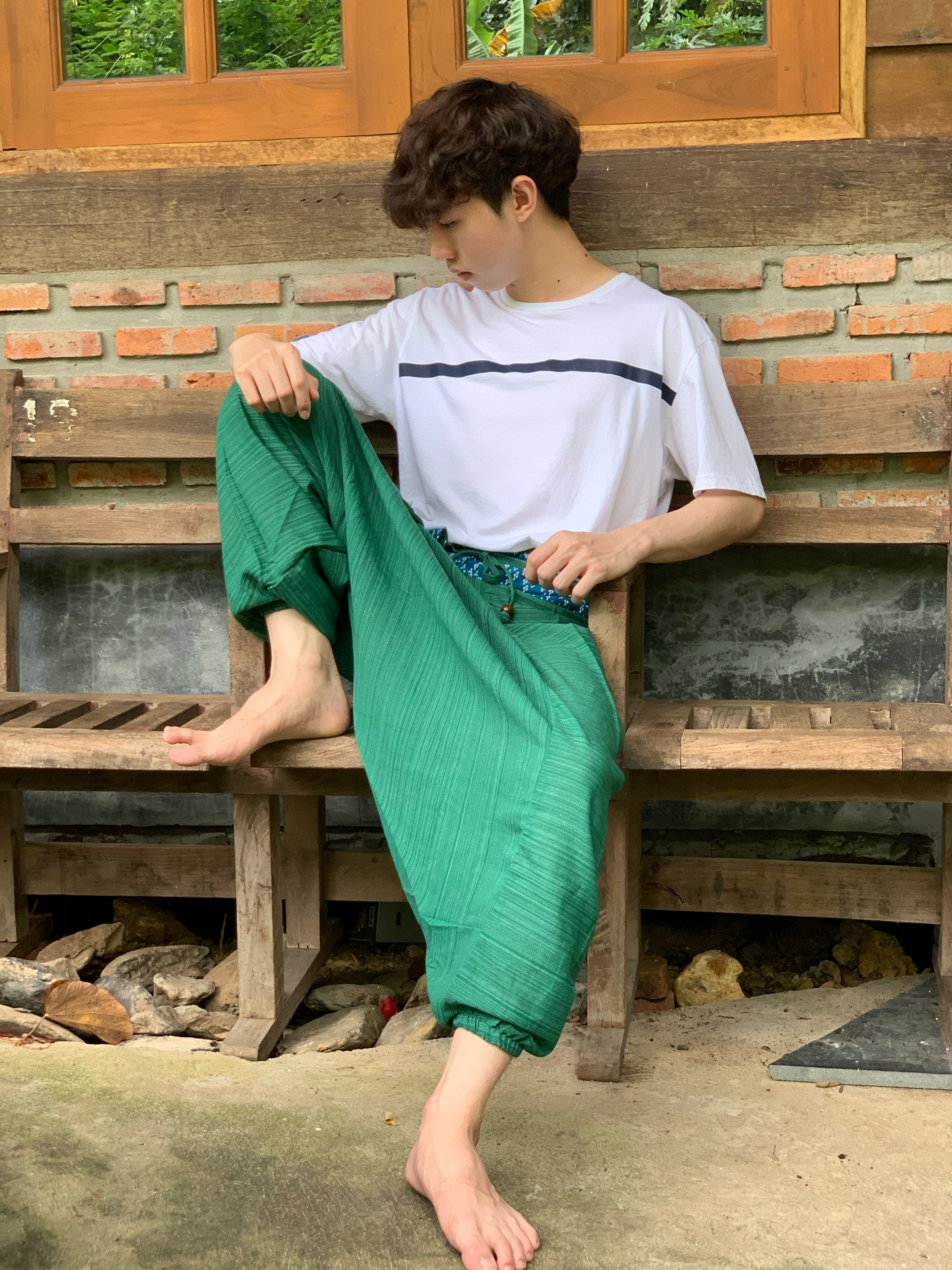 Green Thai tribal harem pants, comfy yoga pants