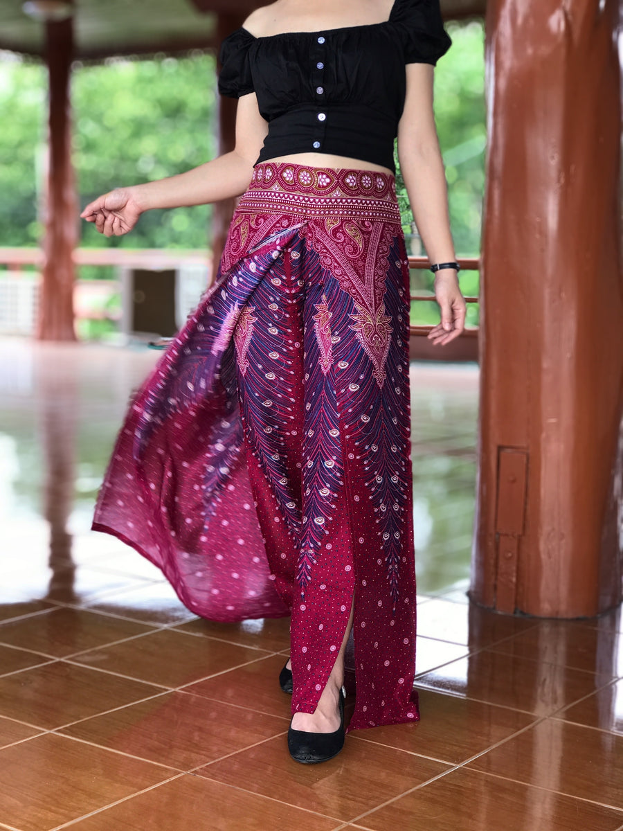 Red burgundy slit open leg palazzo pants, sexy harem pants – Bohofeather