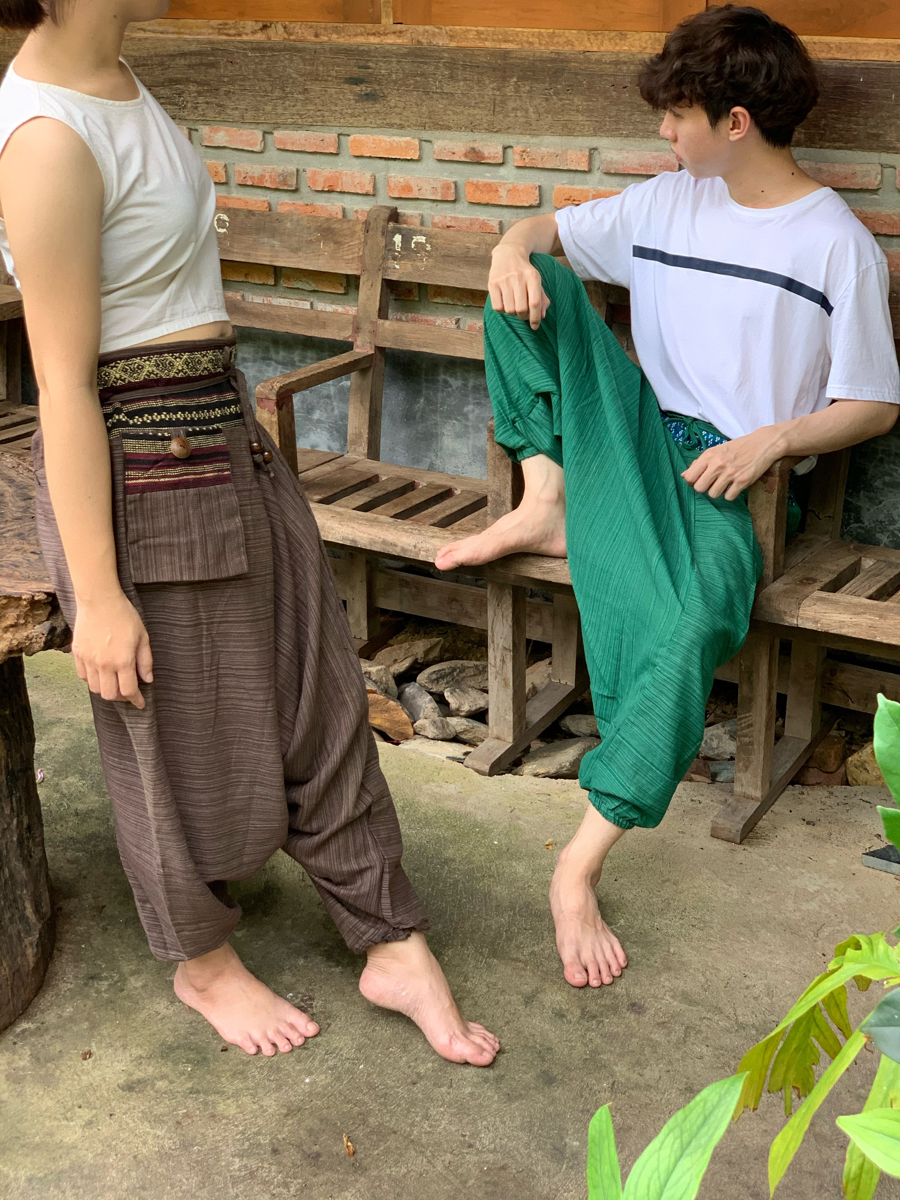 Green Thai tribal harem pants, comfy yoga pants